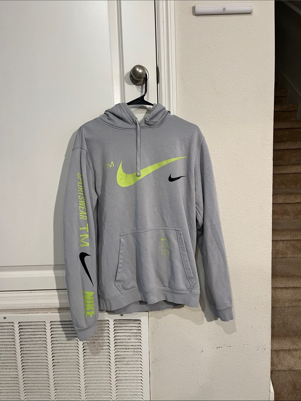 Nike Gray Pullover Hoodie with Neon Yellow & Black Swoosh